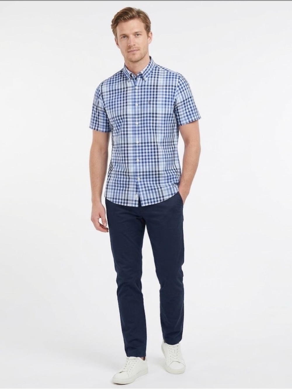 Barbour Tailored Fit Russell Short Sleeve Gingham Shirt Size M - Blue & White